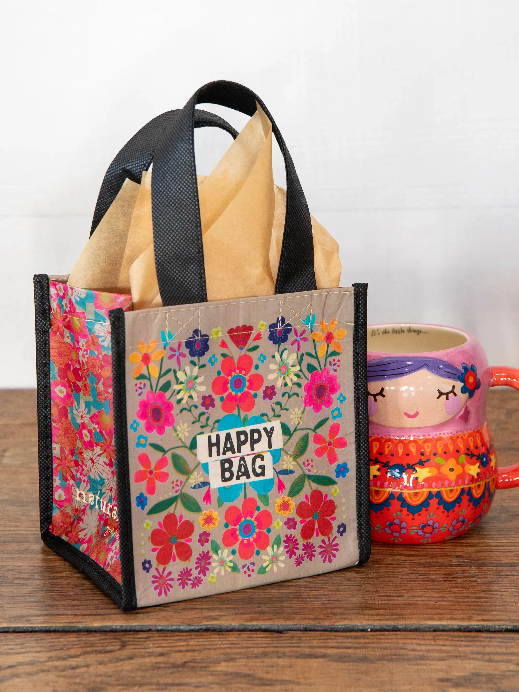 100826 Small Happy Bag - Taupe Folk Flower