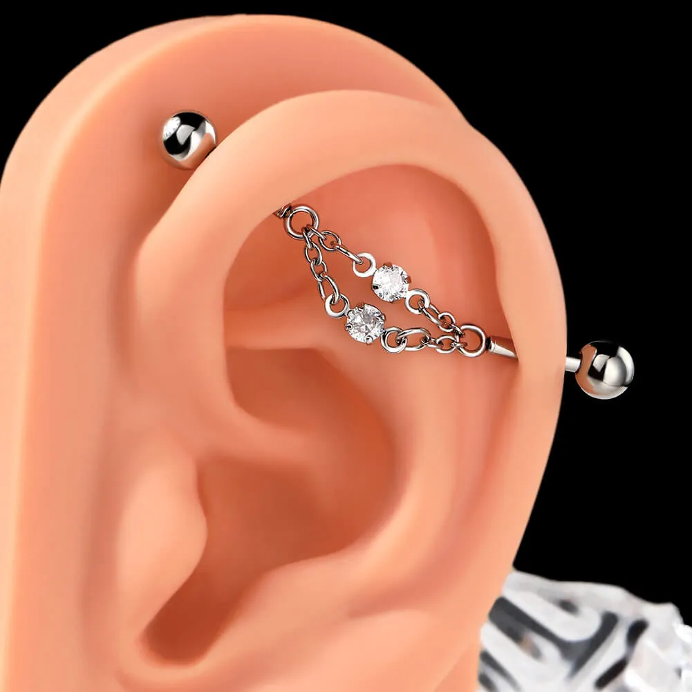 14G Double Chained Clear CZ Industrial Barbell