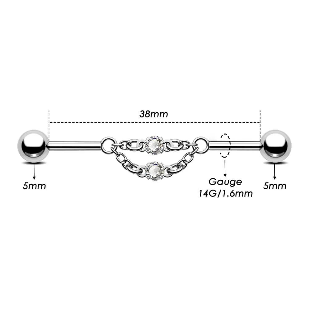 14G Double Chained Clear CZ Industrial Barbell