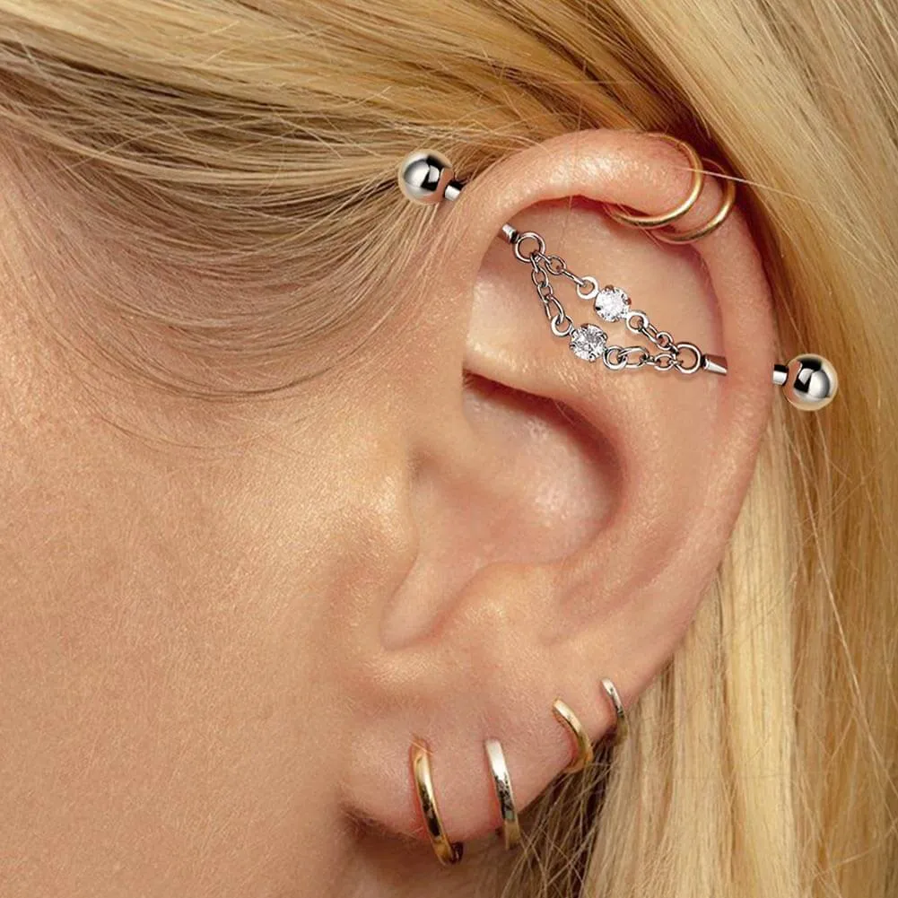 14G Double Chained Clear CZ Industrial Barbell