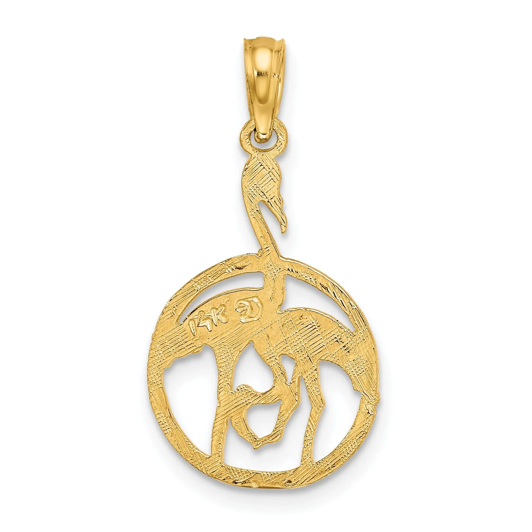 14K Yellow Gold Polished Texture Finish Two Flamingos In Circle Design Charm Pendant