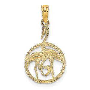 14K Yellow Gold Polished Texture Finish Two Flamingos In Circle Design Charm Pendant