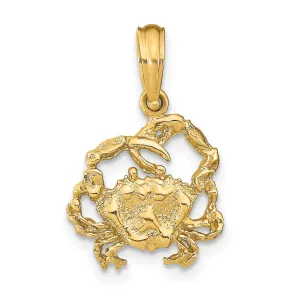 14k Yellow Gold Polished Texture Finished Blue Claw Crab Charm Pendant