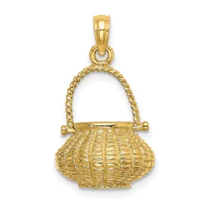 14K Yellow Gold Texture Finish 3-Dimensional Moveable Handle Flower Basket Charm Pendant