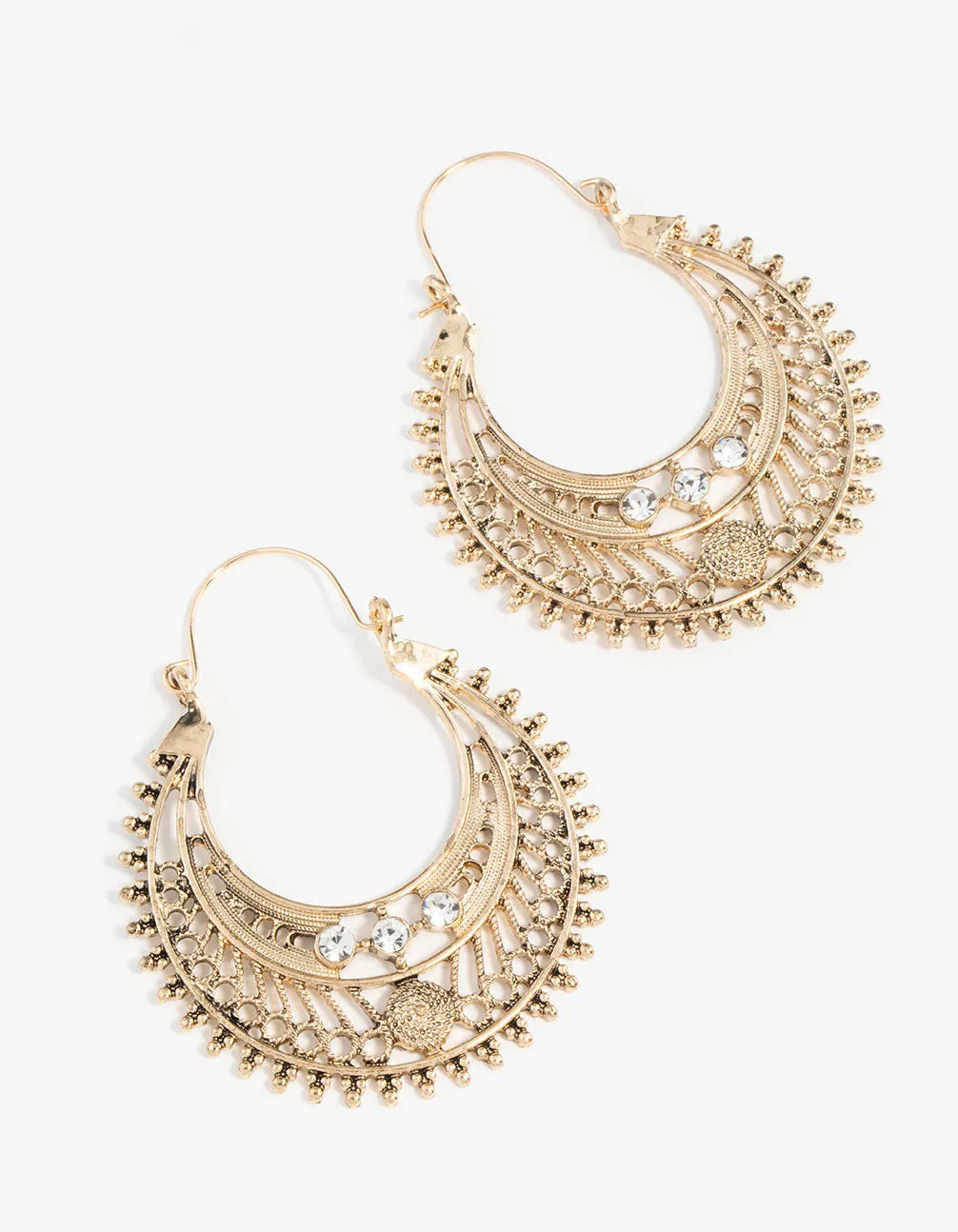 Antique Gold Detailed Hoop Chandbali Earrings