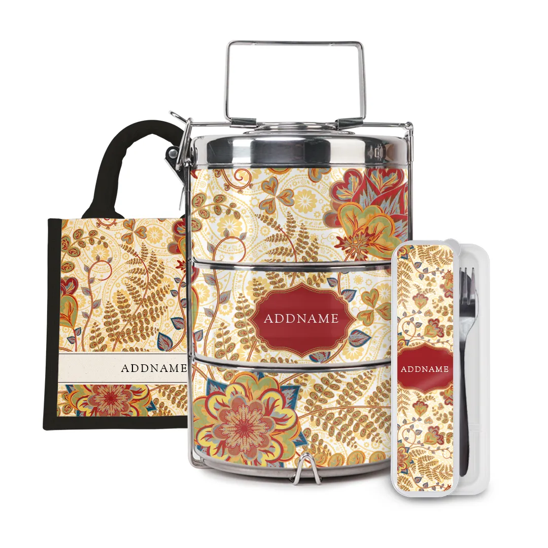 Batik Series - Mawar Half Lining Lunch Bag, Tiffin Carrier and Cutlery Set