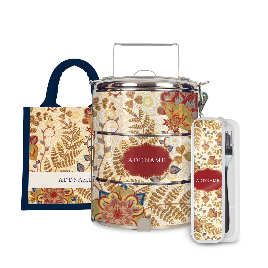 Batik Series - Mawar Half Lining Lunch Bag, Tiffin Carrier and Cutlery Set