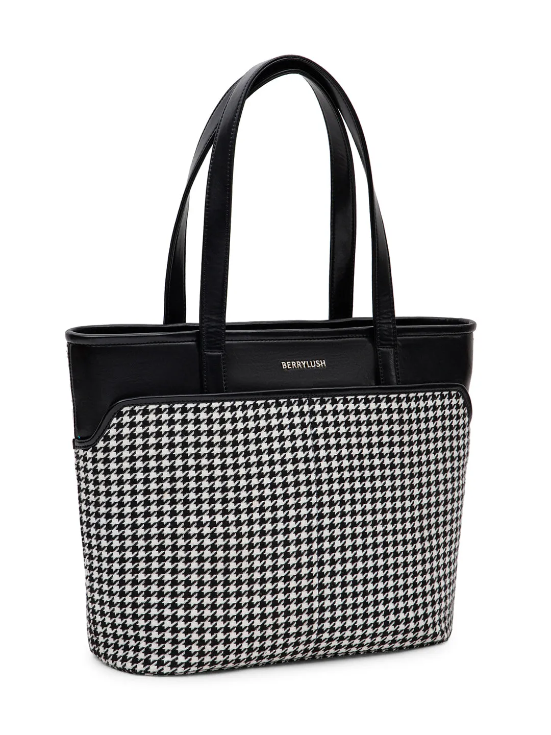 Berrylush Women Black & White Houndstooth Printed PU Blend Padded Sleeve Two-Handle Oversized Laptop Bag