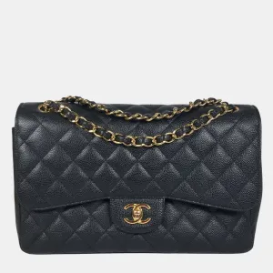 Black Caviar Leather Jumbo Classic Double Flap Shoulder Bags