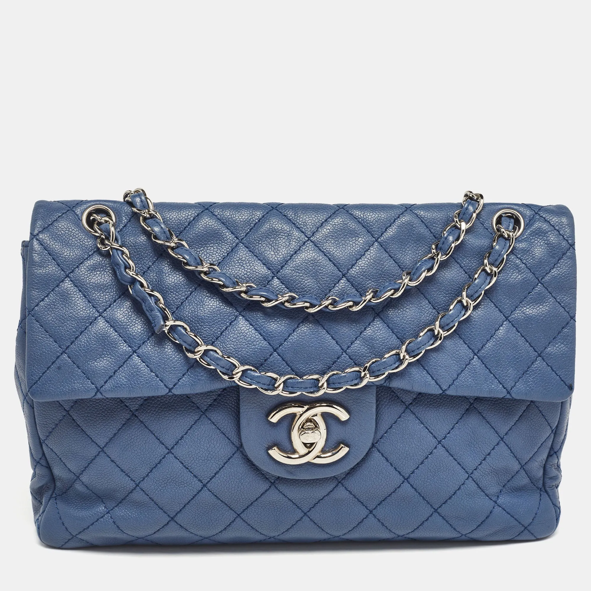 Blue Quilted Caviar Leather Maxi Classic Single Flap Bag