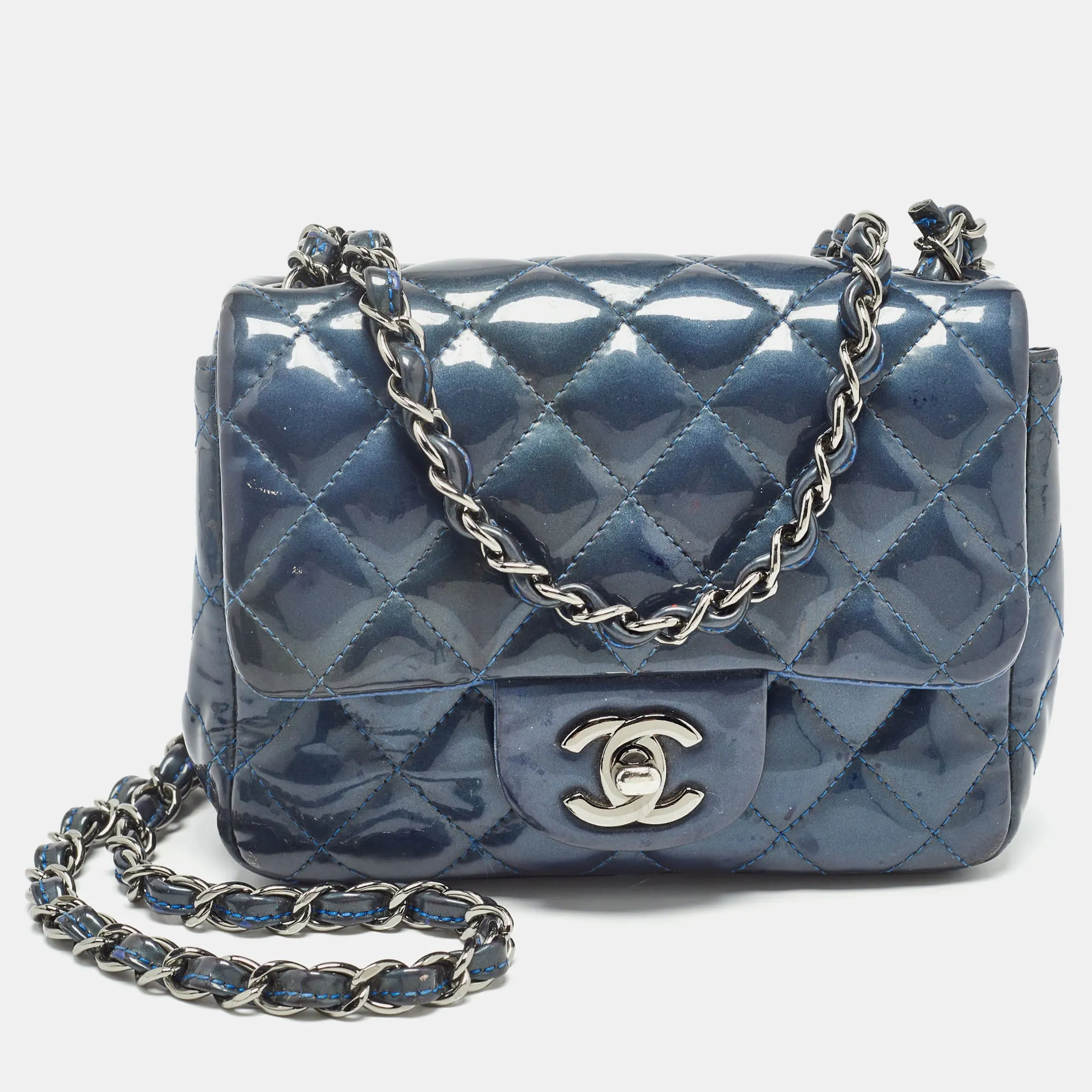 Blue Quilted Patent Leather Mini Classic Flap Bag