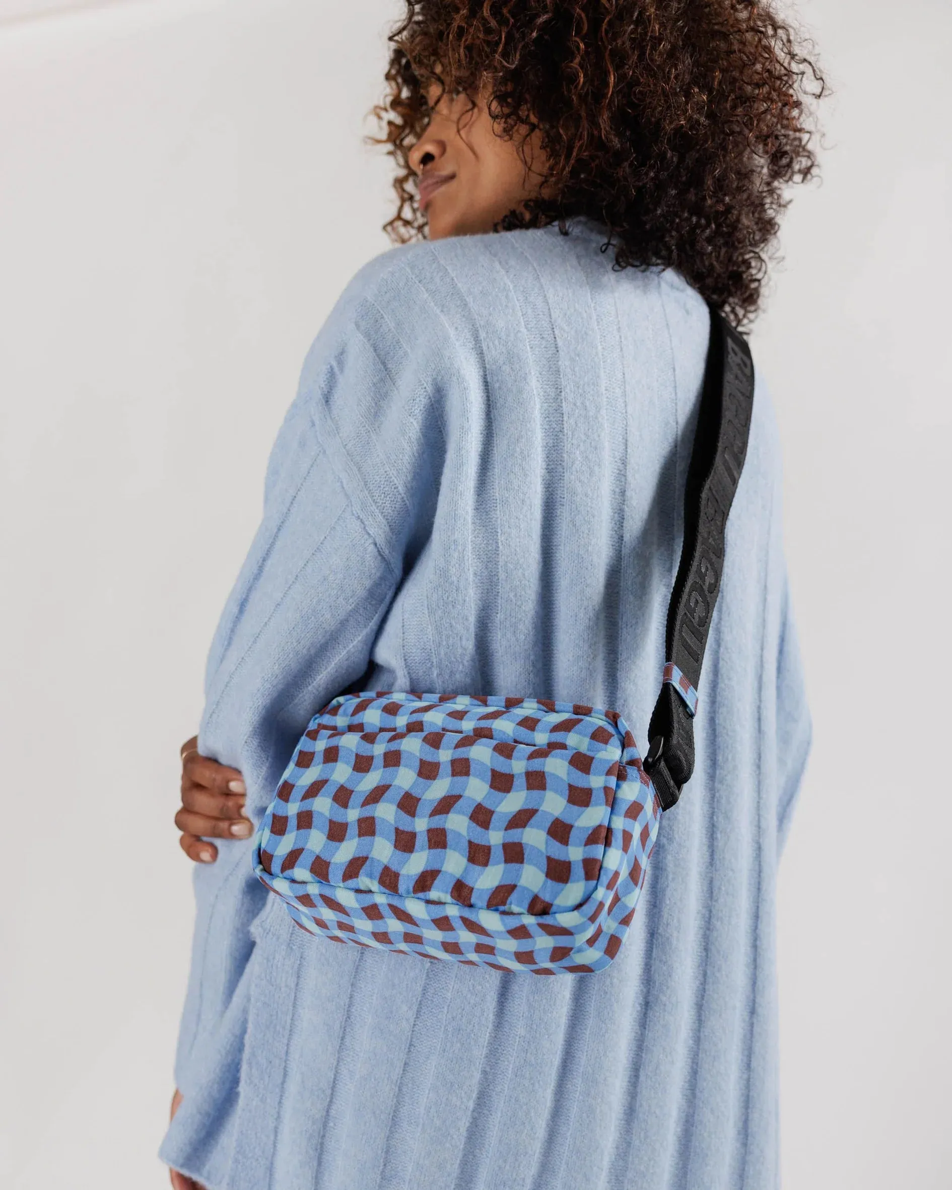 Blue Wavy Gingham Camera Crossbody