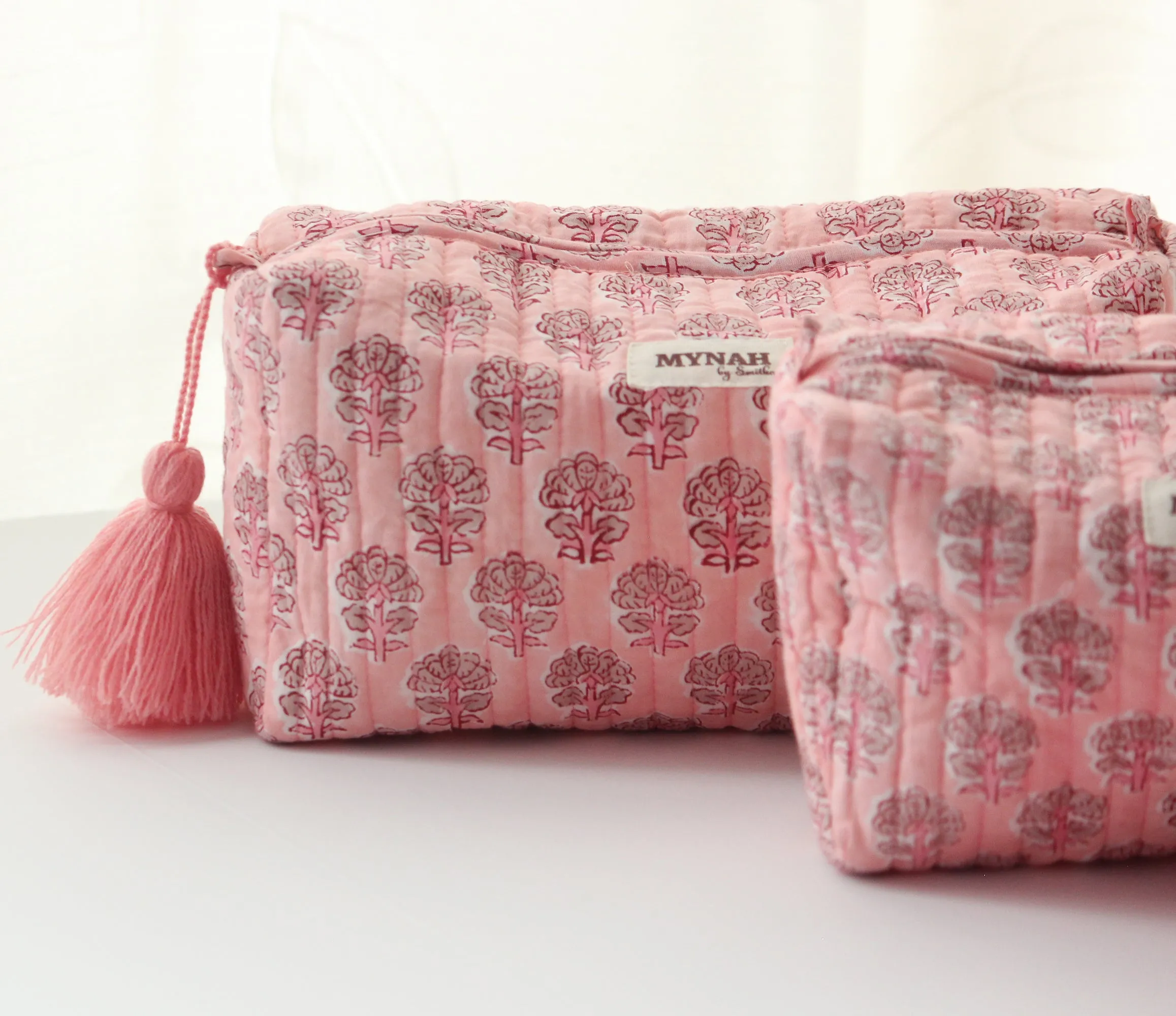 'BLUSH BLOOMS' blush pink with beige motifs' printed travel/makeup zipper pouch-set of 3