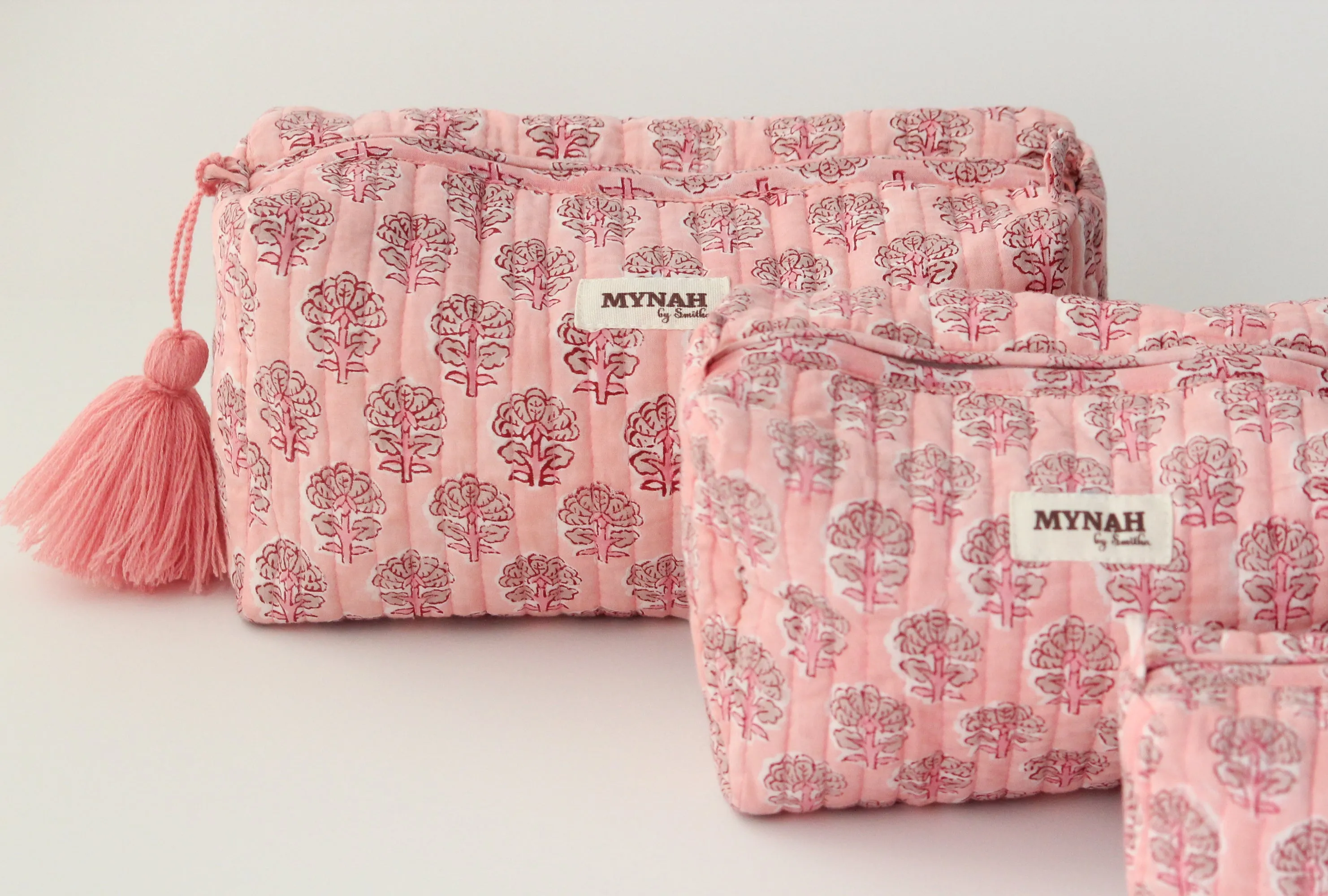 'BLUSH BLOOMS' blush pink with beige motifs' printed travel/makeup zipper pouch-set of 3