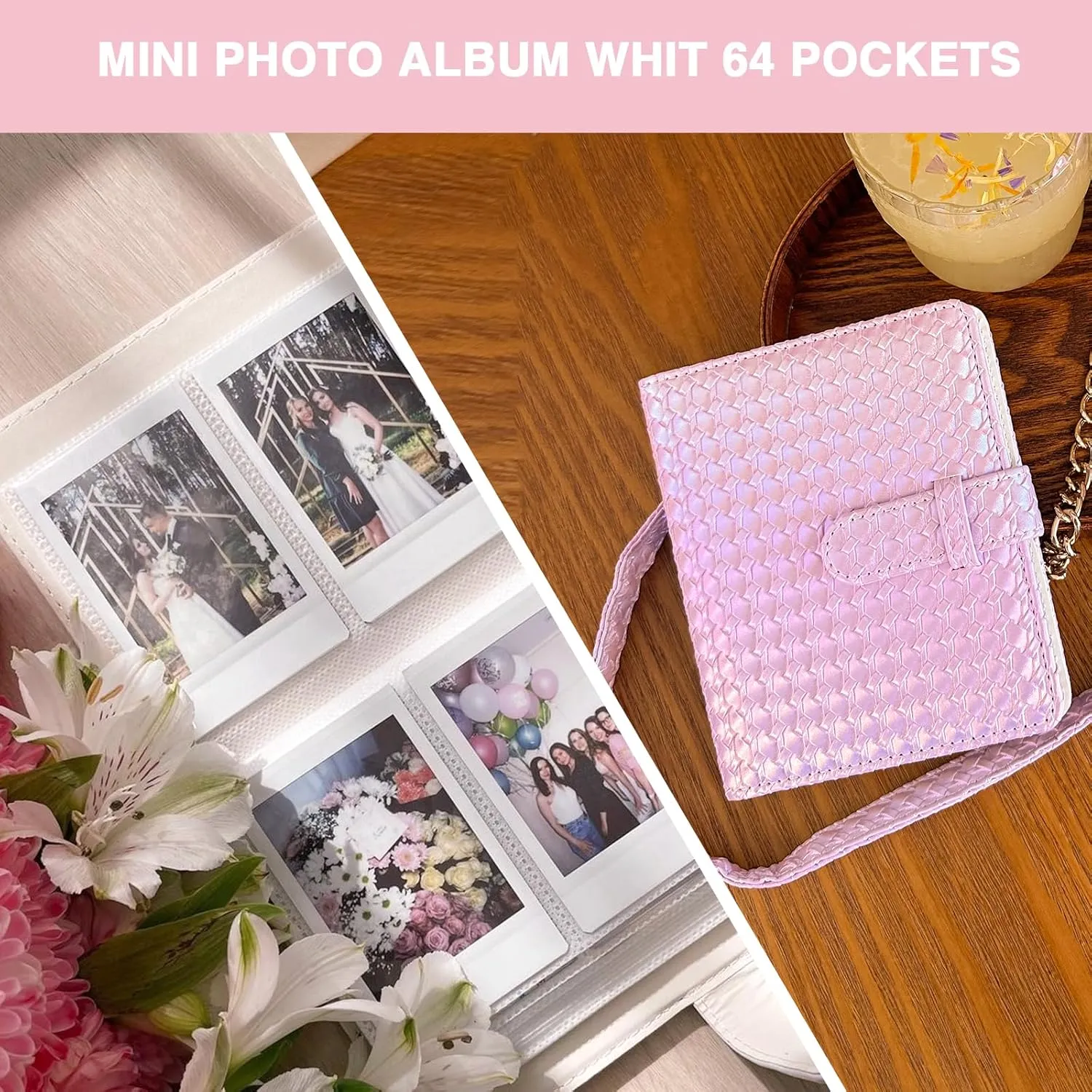 Camera Case for Fujifilm Instax Mini 12 Instant Camera, PU Leather Glitter Woven Camera Bag with Shoulder Strap & 64 Pockets Mini Photo Album- Pink