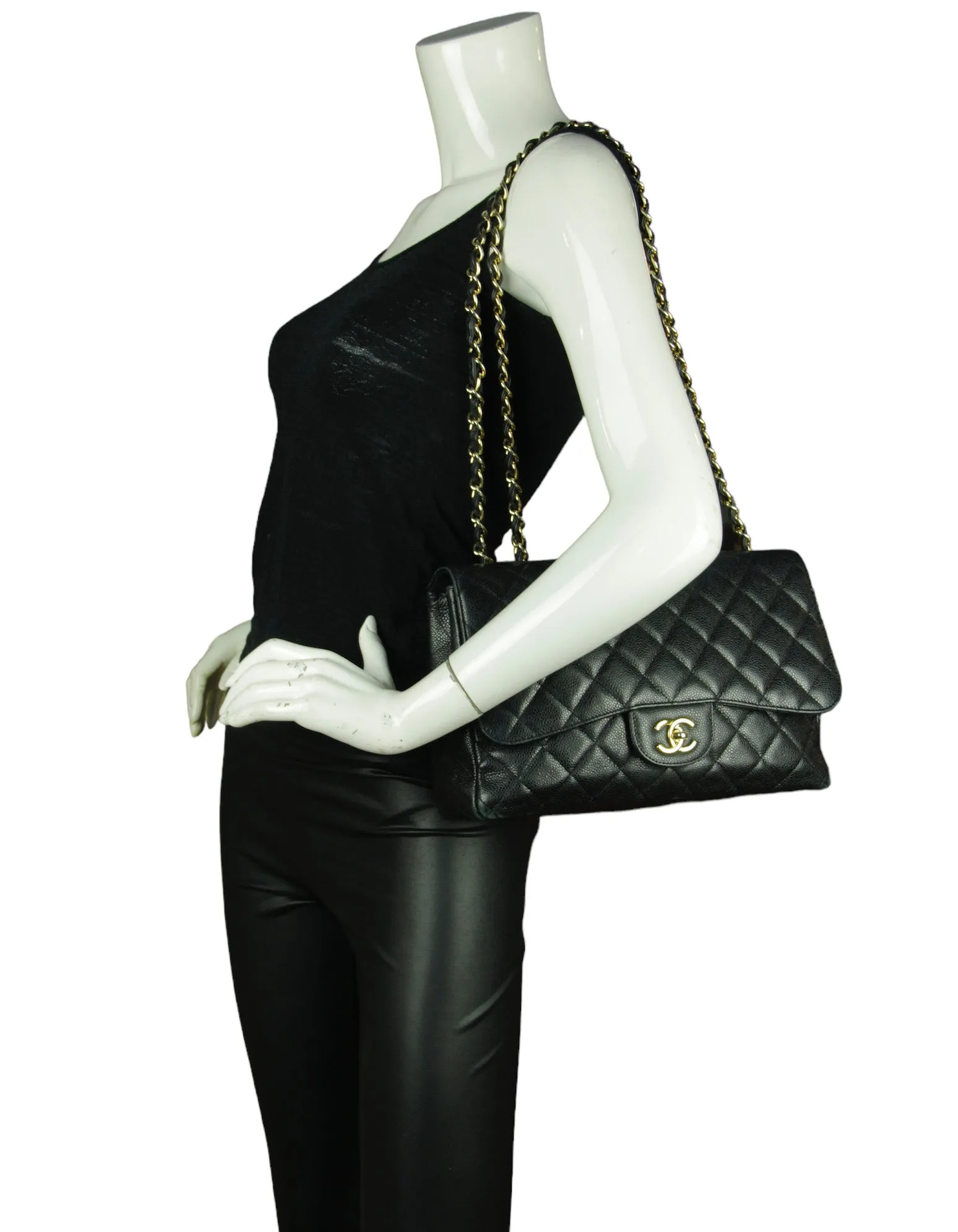 Chanel Black Caviar Leather Single Flap Jumbo Classic Bag