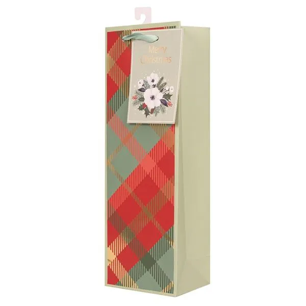 Christmas Tartan Bottle Gift Bag - 12cm x 36cm x 9cm