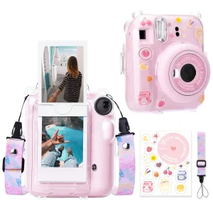 Clear Case Compatible with Fujifilm Mini 12 Instant Camera, Hard PC Cover with Adjustable Strap and Pocket & Decorative sticker - Pink