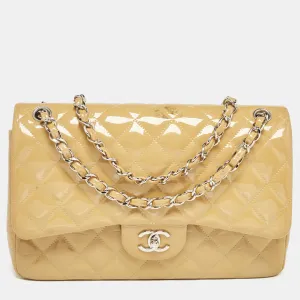 Cream Quilted Patent Leather Jumbo Classic Double Flap Bag