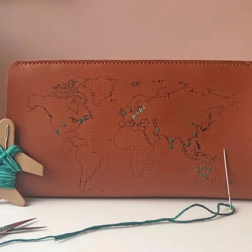 Customisable stitch travel wallet real leather in brown