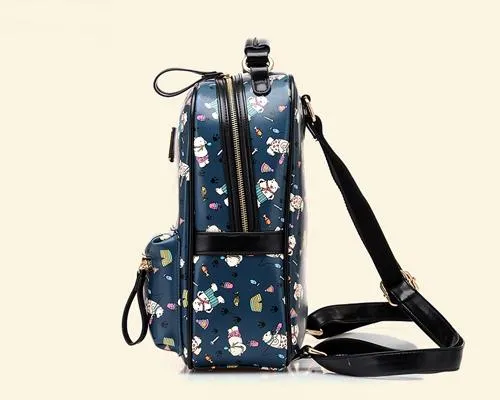 Cute Cartoon PU Leather Backpack with Built-In Handle - Navy