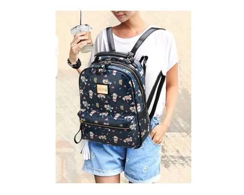 Cute Cartoon PU Leather Backpack with Built-In Handle - Navy