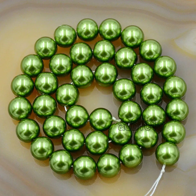 Czech Olive Green Satin Luster Glass Pearl Round Beads on a 15.5" Strand