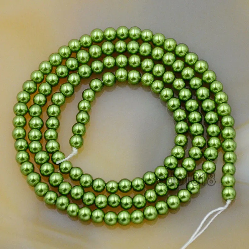 Czech Olive Green Satin Luster Glass Pearl Round Beads on a 15.5" Strand