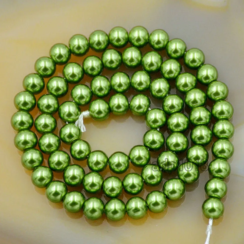 Czech Olive Green Satin Luster Glass Pearl Round Beads on a 15.5" Strand