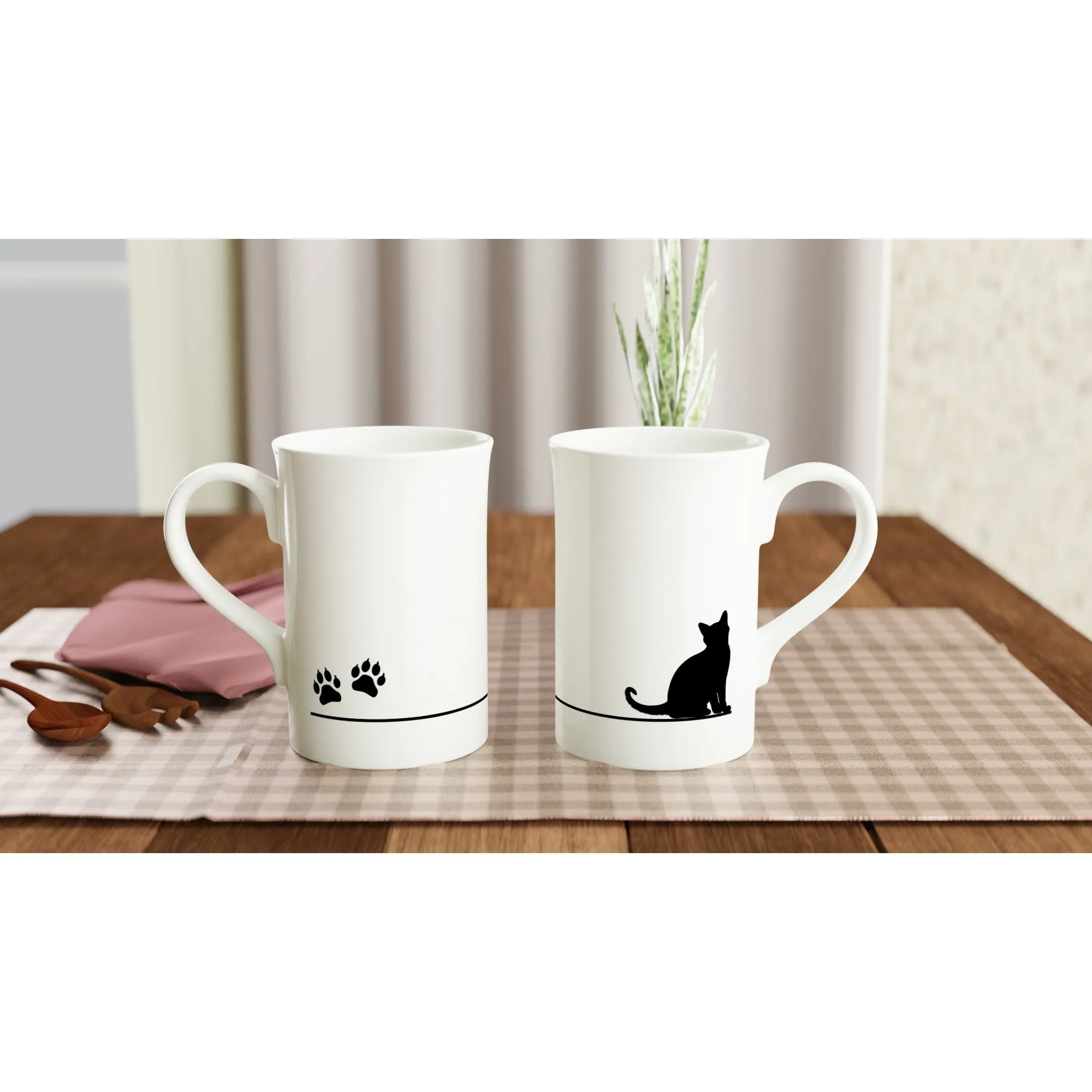 Elegant White Porcelain Slim Mug with Cute Cat & Paw Print Design - Perfect for Cat Lovers