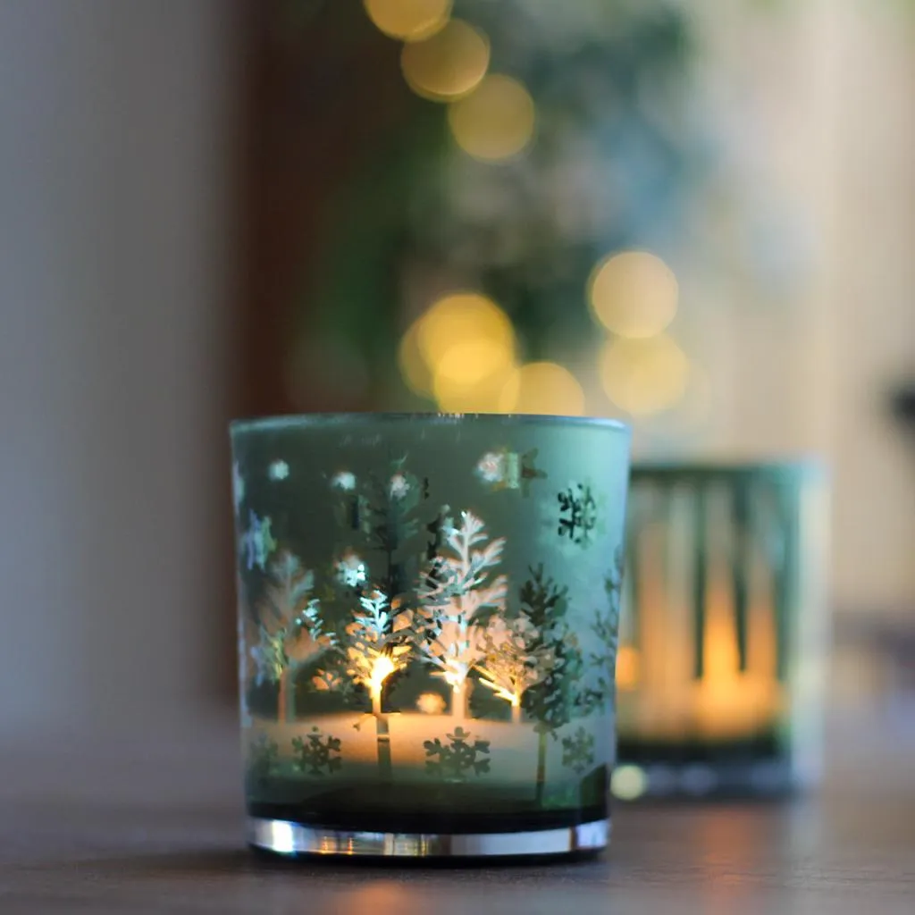 Festive Forest With Snowflakes Glass Tealight Holder