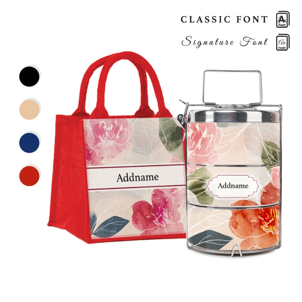 Floral Hues Flora Series 3-Tier Premium Medium 13.5cm Tiffin Carrier [FREE Custom Add Name]