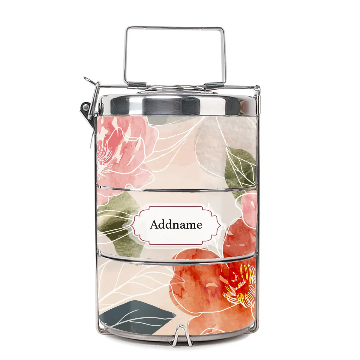 Floral Hues Flora Series 3-Tier Premium Medium 13.5cm Tiffin Carrier [FREE Custom Add Name]