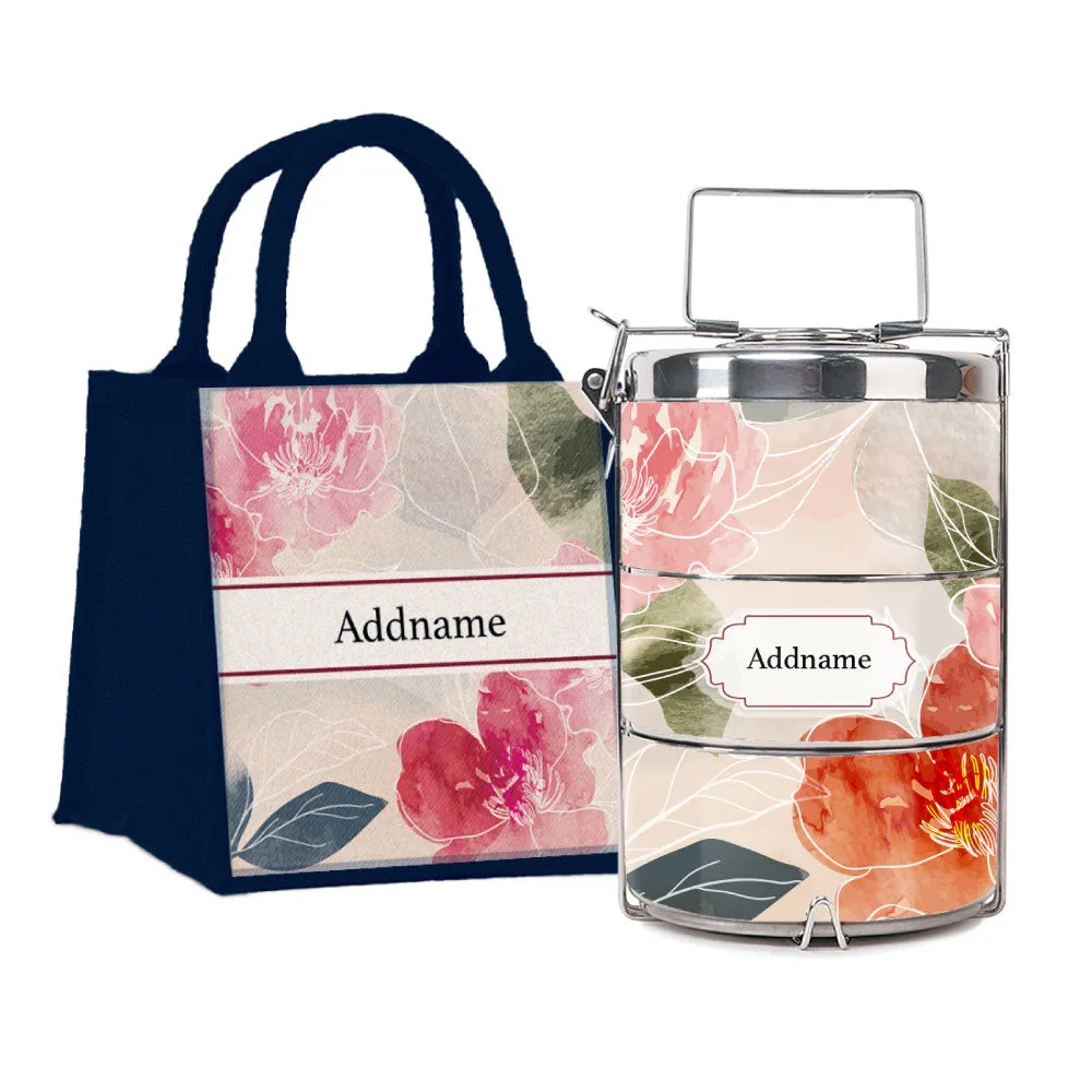 Floral Hues Flora Series 3-Tier Premium Medium 13.5cm Tiffin Carrier [FREE Custom Add Name]