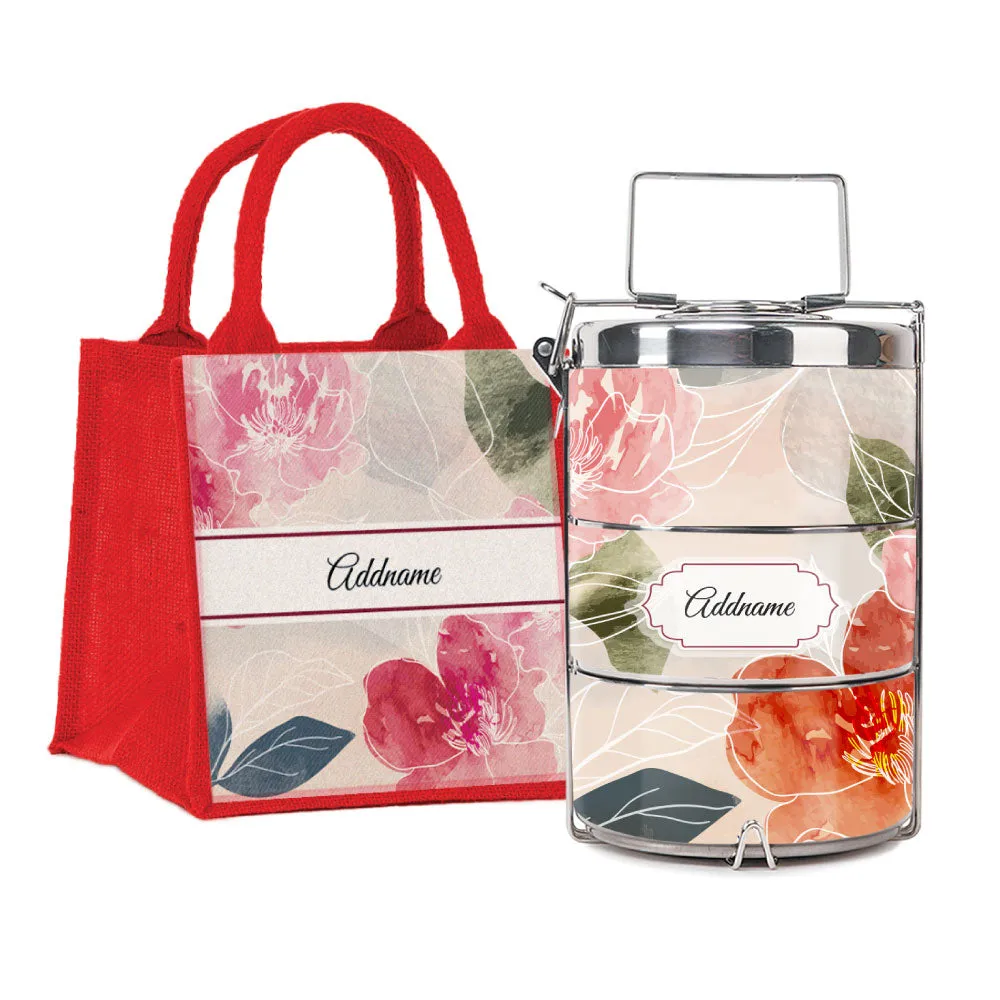 Floral Hues Flora Series 3-Tier Premium Medium 13.5cm Tiffin Carrier [FREE Custom Add Name]