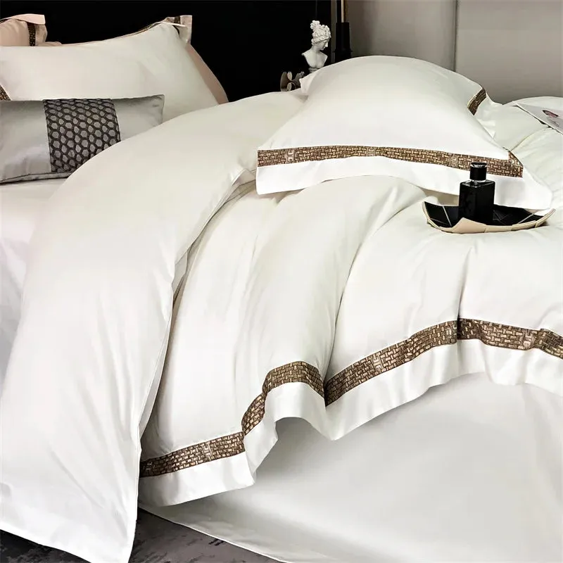 Flytonn-1000TC Egyptian Cotton Luxury Embroidery Bedding Set Pure Cotton Duvet Cover Flat/Fitted Bed Sheet Set With Pillowcases bed set