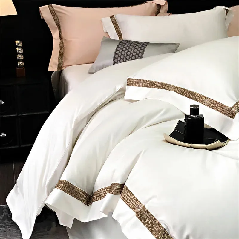 Flytonn-1000TC Egyptian Cotton Luxury Embroidery Bedding Set Pure Cotton Duvet Cover Flat/Fitted Bed Sheet Set With Pillowcases bed set