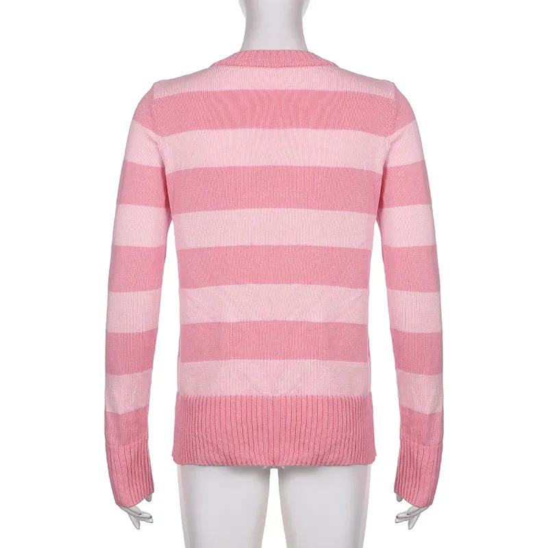 Flytonn-Cute Pink Knit Cardigan Y2k Fairycore Grunge Long Sleeve Stripe Crochet Sweater Korean Kawaii Women Preppy Fall Winter Jumpers