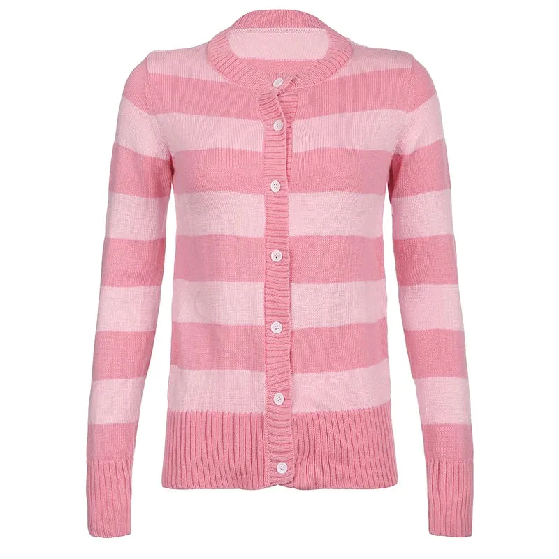 Flytonn-Cute Pink Knit Cardigan Y2k Fairycore Grunge Long Sleeve Stripe Crochet Sweater Korean Kawaii Women Preppy Fall Winter Jumpers