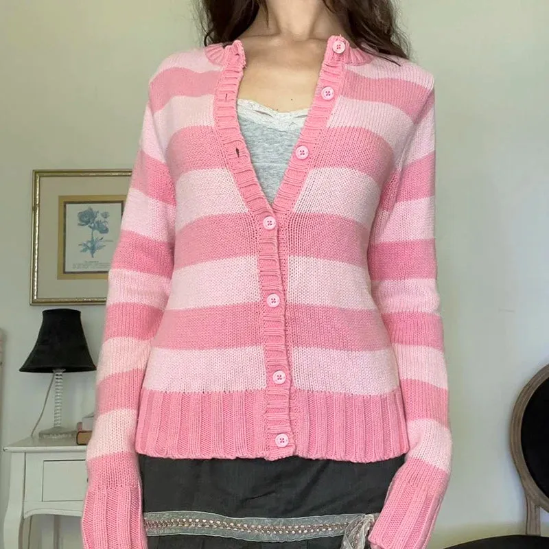 Flytonn-Cute Pink Knit Cardigan Y2k Fairycore Grunge Long Sleeve Stripe Crochet Sweater Korean Kawaii Women Preppy Fall Winter Jumpers