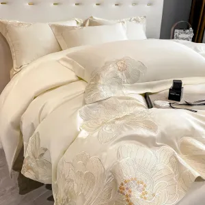 Flytonn-Milkshake White 600TC Egyptian Cotton Flowers Embroidery Bedding Set 100% Cotton Duvet Cover Set Bed Sheet Pillowcase Queen King