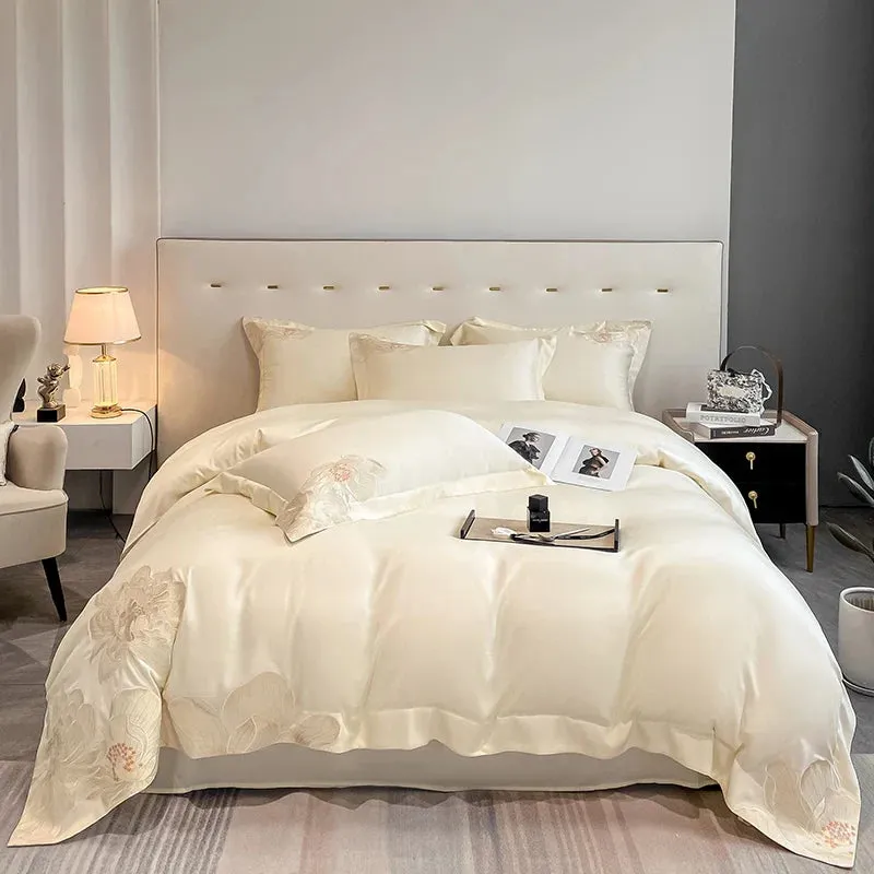 Flytonn-Milkshake White 600TC Egyptian Cotton Flowers Embroidery Bedding Set 100% Cotton Duvet Cover Set Bed Sheet Pillowcase Queen King