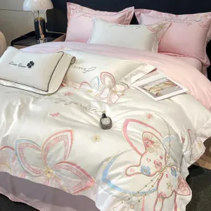 Flytonn-Pure Cotton White Pink Patchwork Bedding Set Luxury Butterfly Flowers Embroidery Queen King Duvet Cover Set Bed Sheet Pillowcase