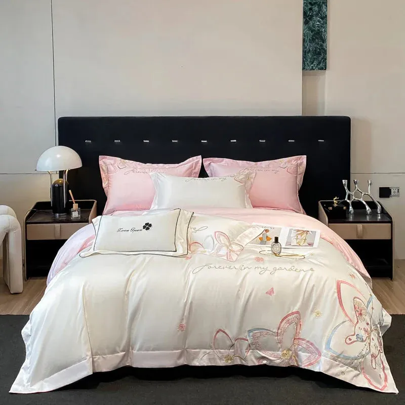 Flytonn-Pure Cotton White Pink Patchwork Bedding Set Luxury Butterfly Flowers Embroidery Queen King Duvet Cover Set Bed Sheet Pillowcase