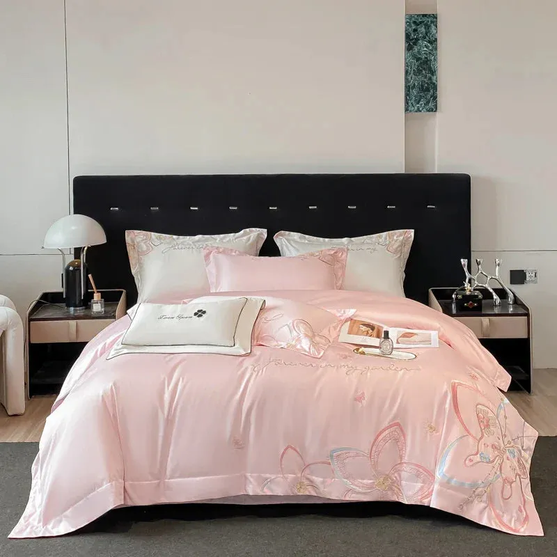 Flytonn-Pure Cotton White Pink Patchwork Bedding Set Luxury Butterfly Flowers Embroidery Queen King Duvet Cover Set Bed Sheet Pillowcase