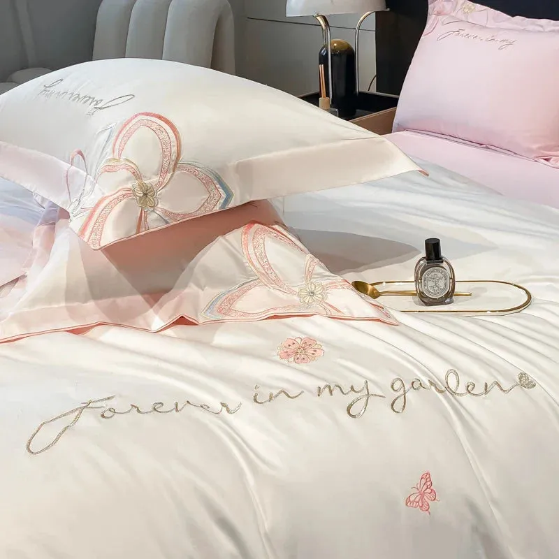 Flytonn-Pure Cotton White Pink Patchwork Bedding Set Luxury Butterfly Flowers Embroidery Queen King Duvet Cover Set Bed Sheet Pillowcase