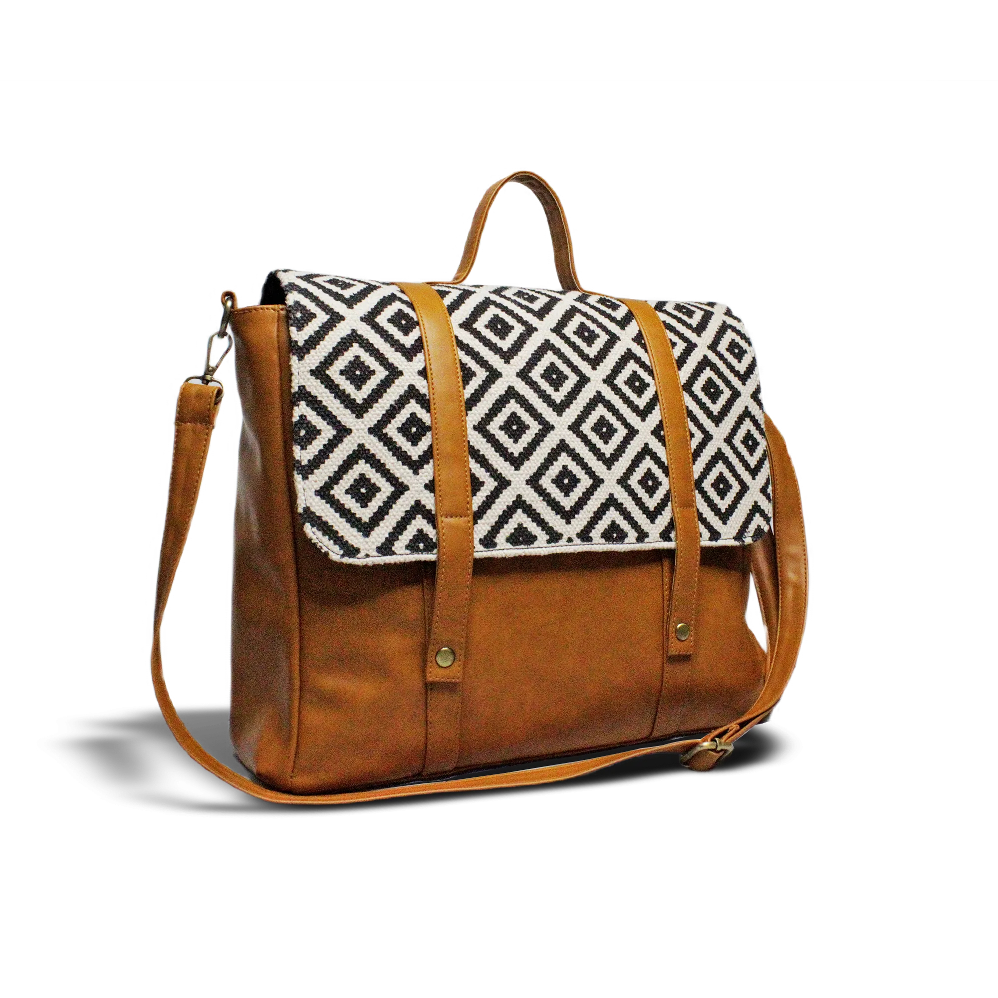 Geometric Rhombus (Black & White ) & Tan Big Messenger Bag