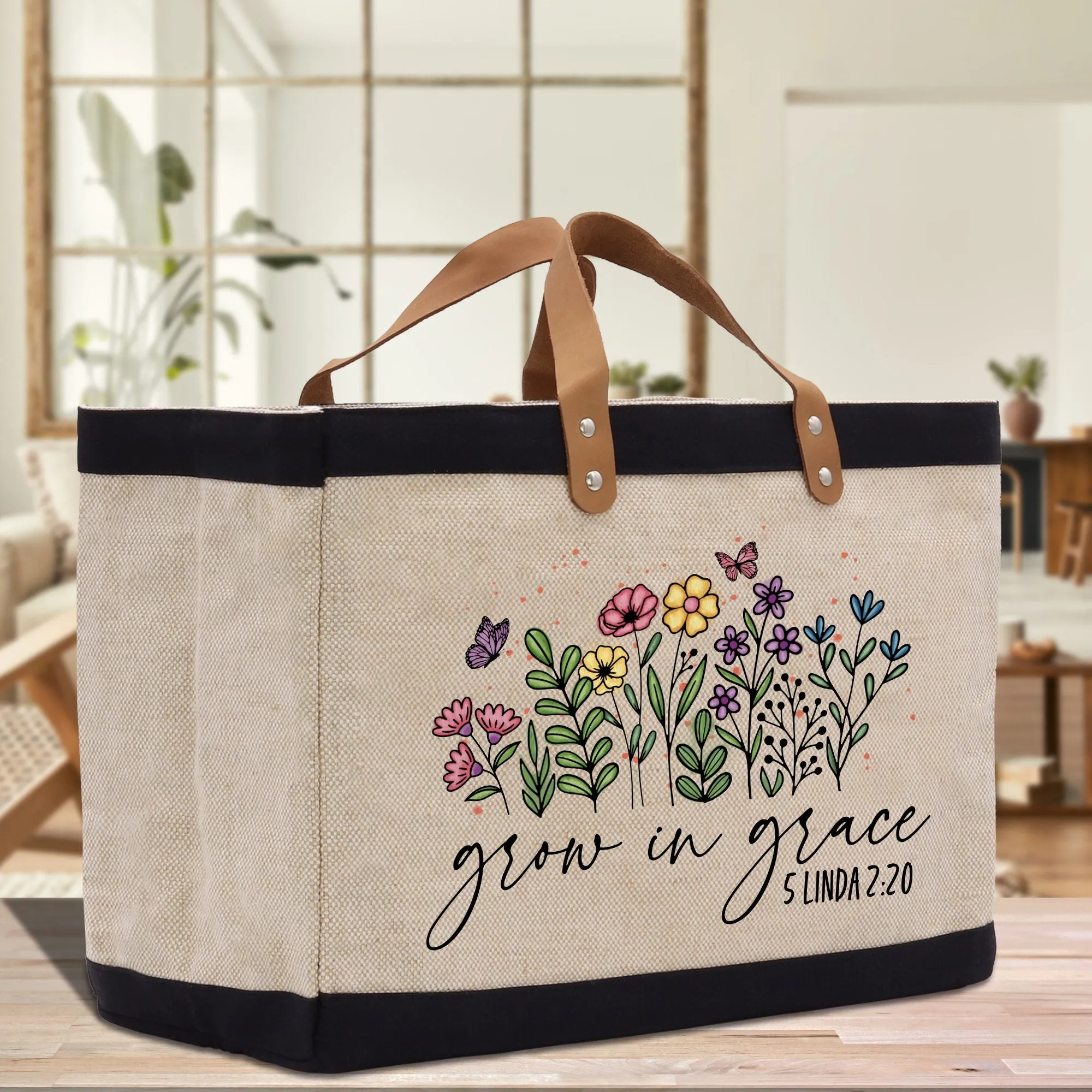 Grow In Grace 5 Linda 2:20 Religious Tote Bag for Women Bible Verse Canvas Tote Bag Religious Gifts Bible Verse Gift Church Tote Bag