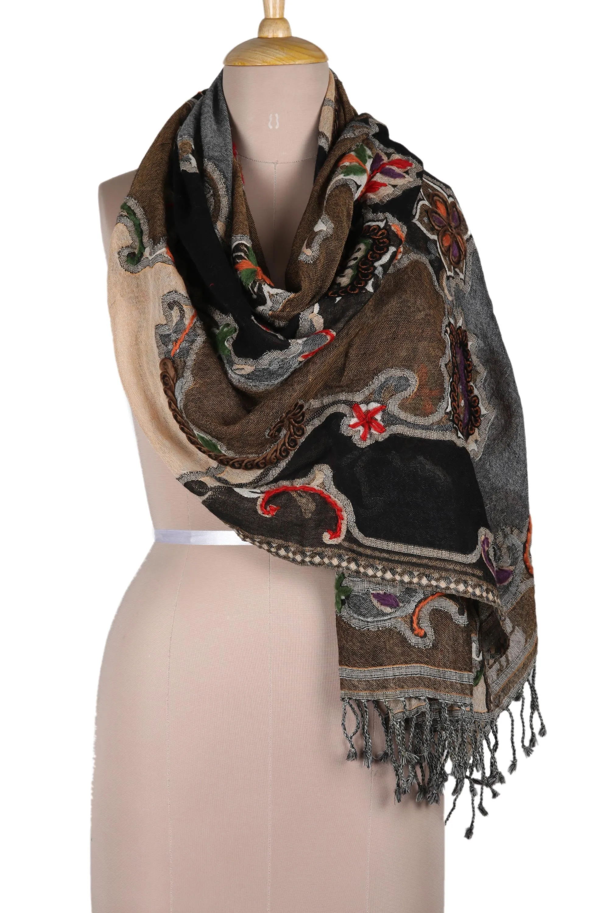 Hand-Embroidered Wool Shawl with Floral Motif - Fall Weather | NOVICA