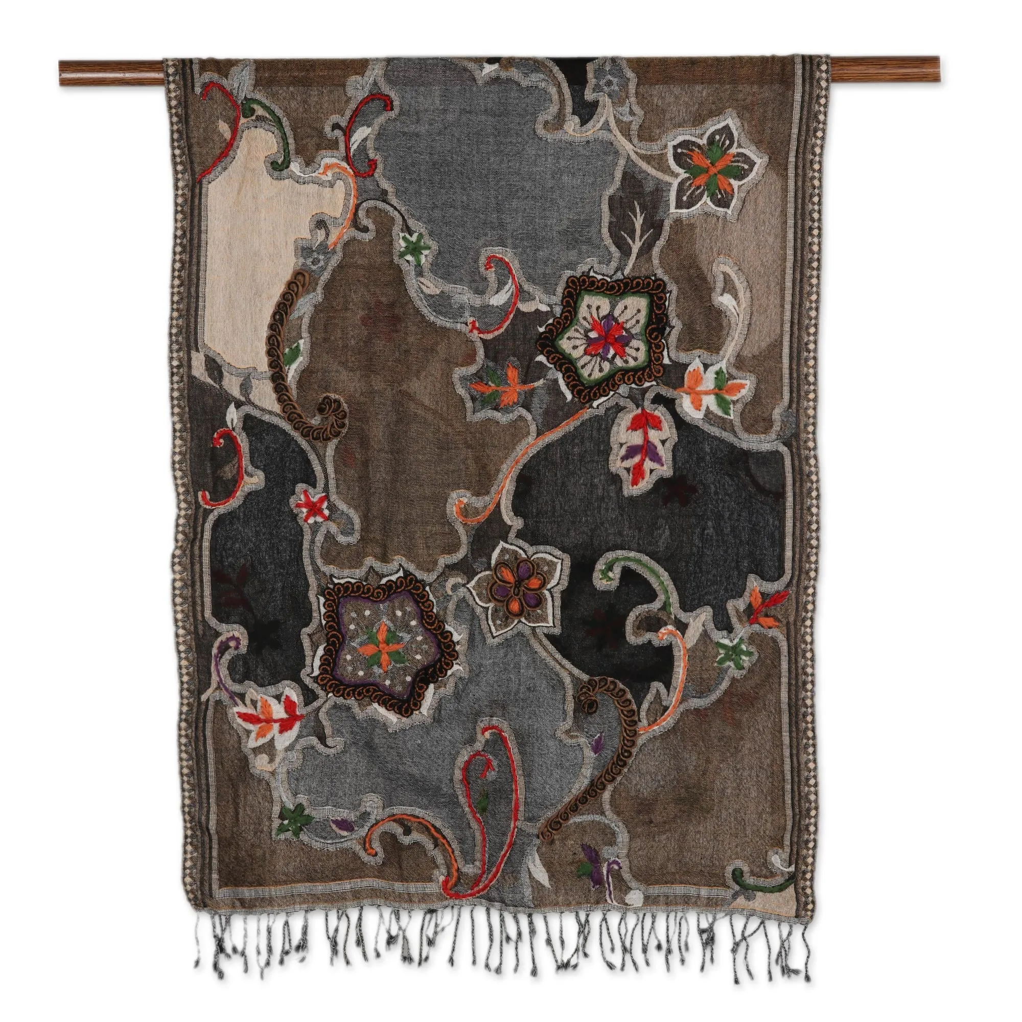 Hand-Embroidered Wool Shawl with Floral Motif - Fall Weather | NOVICA